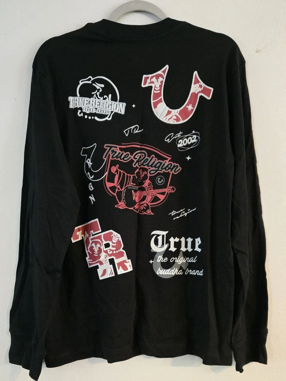 True Religion Men's Black Long Sleeve Tee with Red Logo